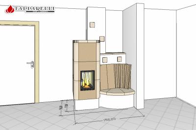 Fase 1: come per tutte le stufe che realizziamo, viene redatto in fase di preventivo, un progetto tridimensionale. Ciò per rendere visibile agli occhi del cliente , quale sarà l'effetto della stufa all'interno della propria abitazione.