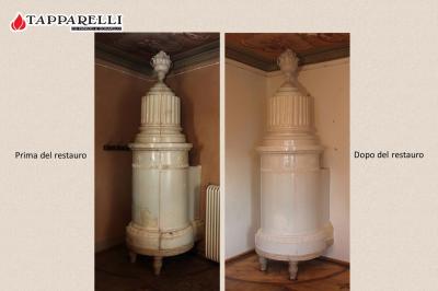 Fase 9. - La stufa nella sua interezza, prima e dopo il restauro. Si nota subito la lucentezza ridonata alla superficie maiolicata. Fase 9.